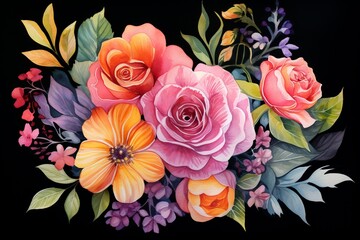 Watercolor Bouquet on Black Background