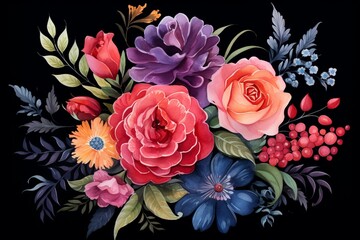 Watercolor Bouquet on Black Background