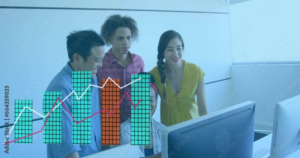 Poster animation of multiple graphs over diverse coworkers discussing on desk in office