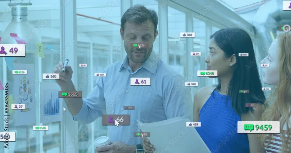 Poster animation of multiple notification bars over diverse coworkers discussing strategy in office