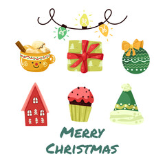 Happy new year set 2024 with cute holiday icons. Vector set of Christmas icons cartoon set.