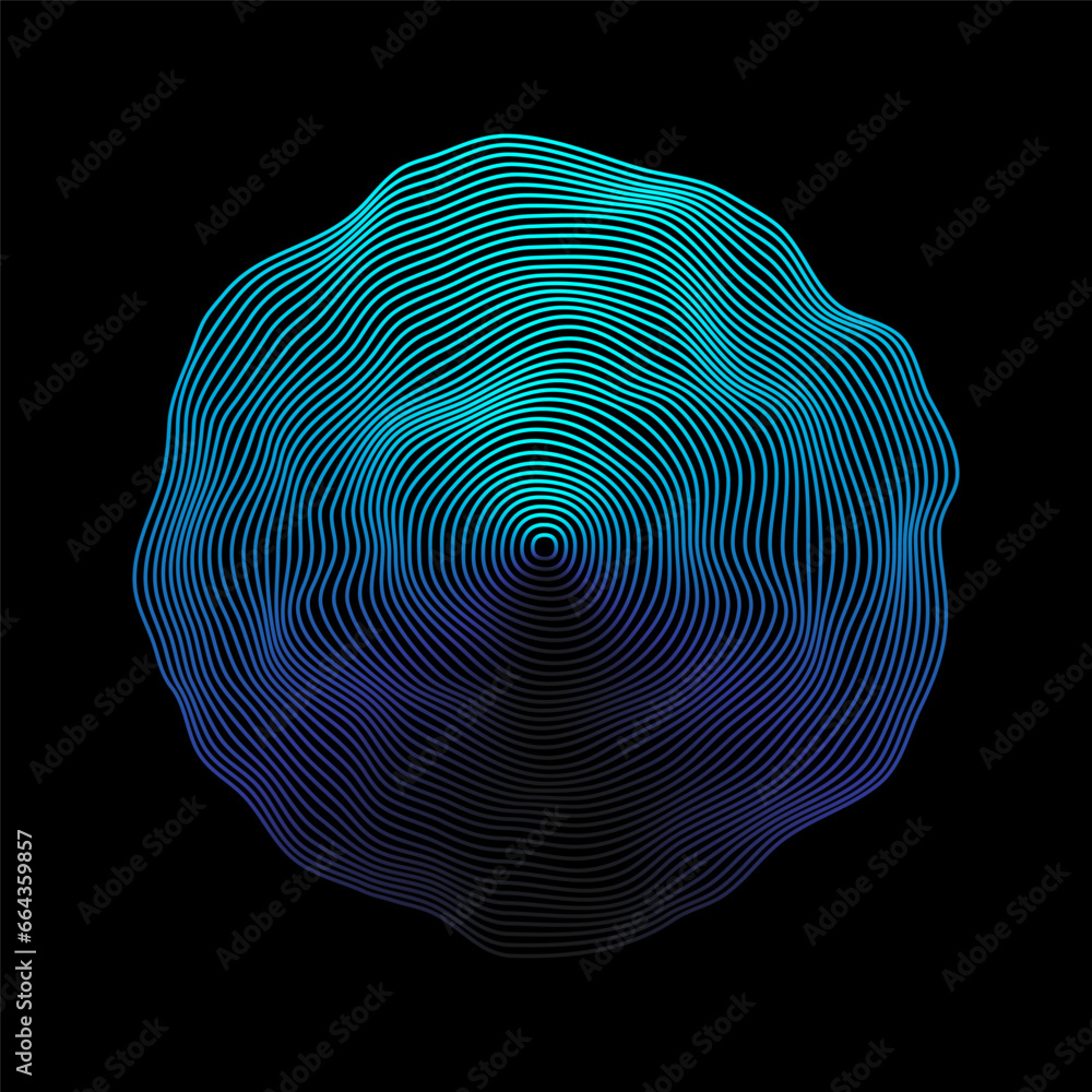 Poster abstract 3d sphere flowing light lines wave blue green gradient isolated on black background. vector