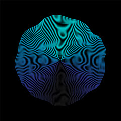 Abstract 3D sphere flowing light lines wave blue green gradient isolated on black background. Vector in concept of AI technology, science, music, modern.