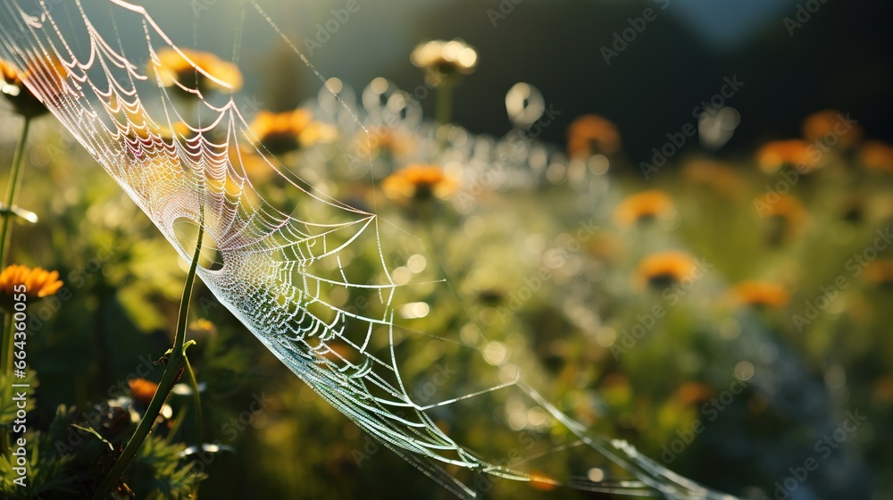 Sticker a dew covered spider web in a field of wildflowers. generative ai