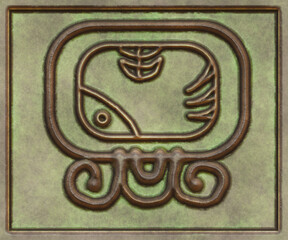 Hieroglyphic writing of the Maya tribe- 3d illustration. Metal background- antique decoration.
