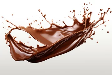 Poster Chocolate splash isolated on a white background, liquid splash. © inthasone