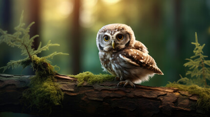 View of spotted owlet perched on a tree branch.