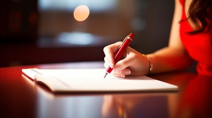 Mujer firmando un documento en un despacho con un bolígrafo rojo - obrazy, fototapety, plakaty