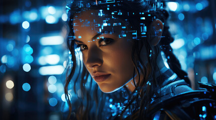 Face portrait of an android robot girl with glowing blue data details in her brain