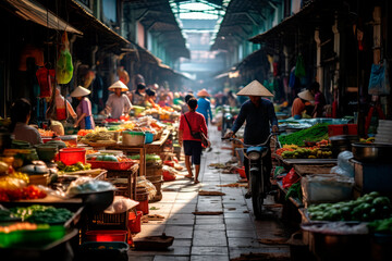 Naklejka premium Morning Market Bustle: A Dynamic Scene in Da Nang with Shoppers Exploring Local Delicacies and Household Goods. 