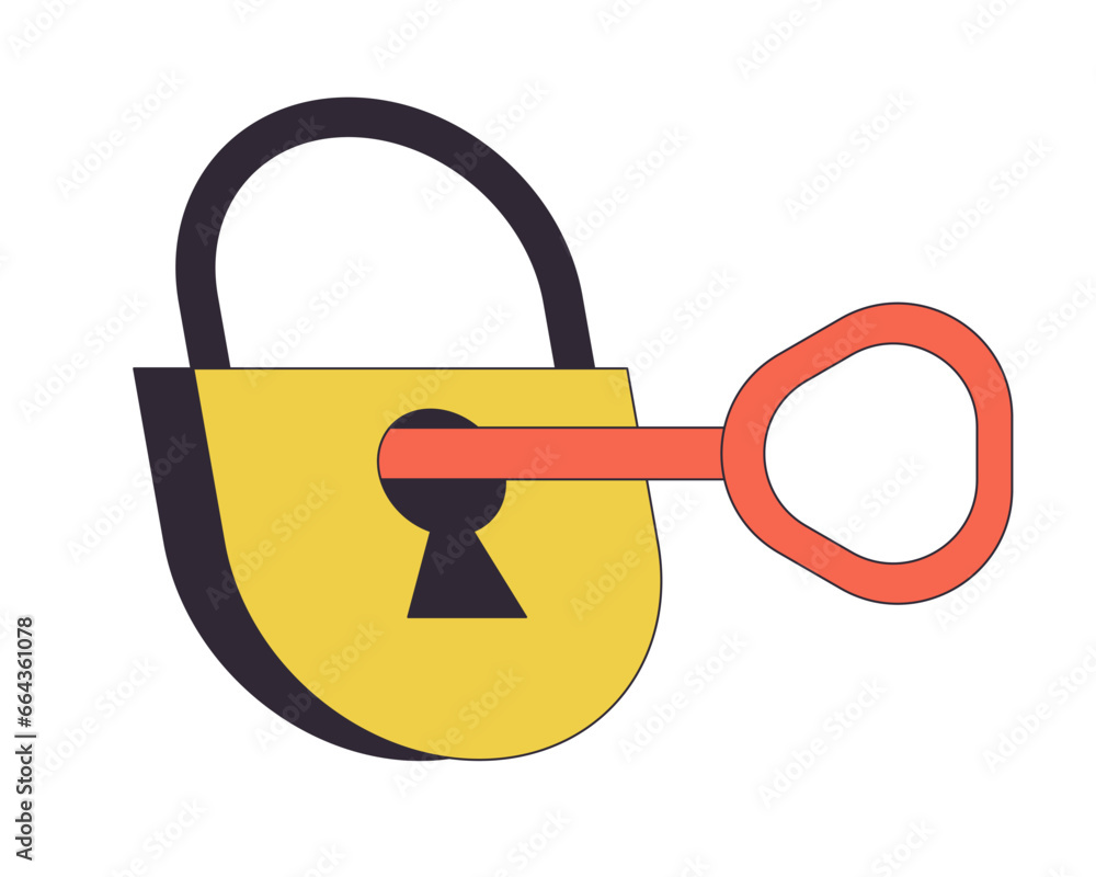 Poster key in padlock flat line color isolated vector object. unlock. editable clip art image on white back