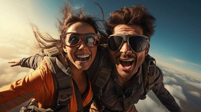 Young Indian couple flying with a parachute bag on back
