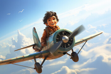 little boy pilot flying small plane in the sky