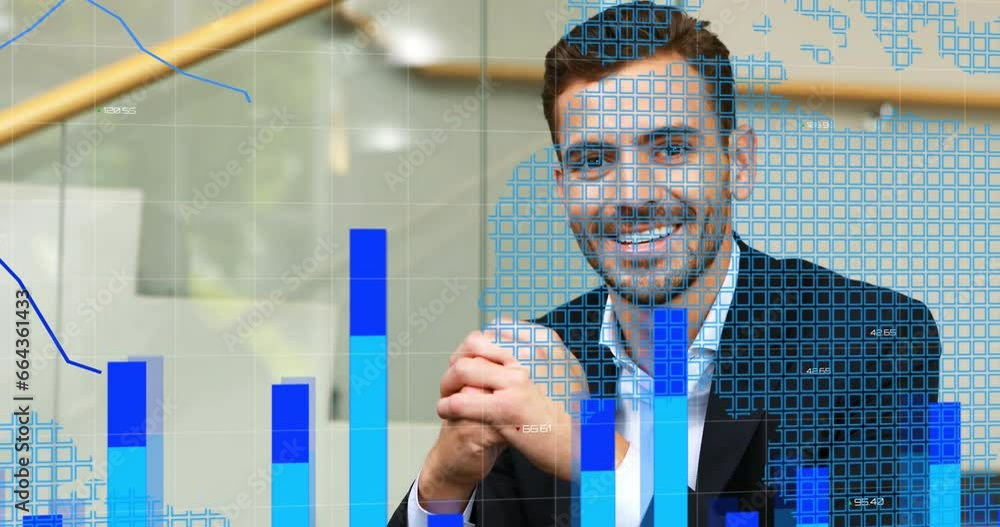 Poster animation of graphs, map and grid pattern over smiling caucasian businessman sitting on sofa