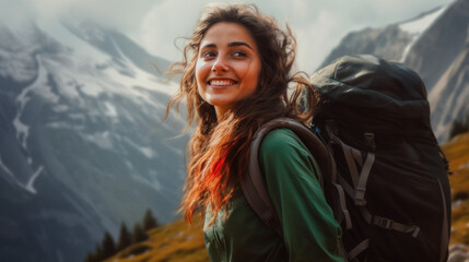 Indian female hiker hiking in the mountains with a backpack - obrazy, fototapety, plakaty