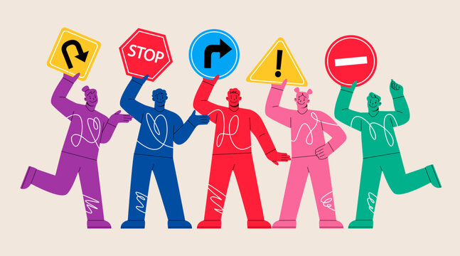 Group of people holding traffic road signs such as stop, u turn, turn right, caution, and no entry sign. Colorful vector illustration