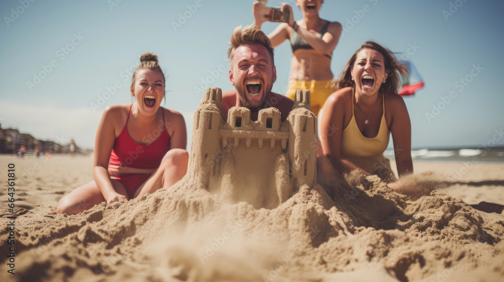 Wall mural Beach Joy: Wheelchair Leader in Laughter-Filled Sandcastle Building