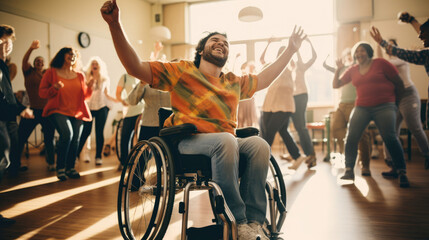 Fototapeta na wymiar Inclusive Dance Class: Confident Wheelchair Dancer in Center