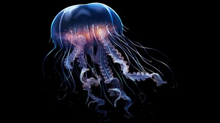  a jellyfish is swimming in the water with a black background.  generative ai