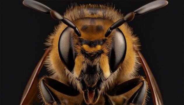 Detailed close-up macro photography of a bee insect collecting polen