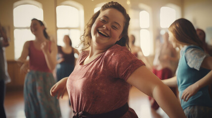 Inclusive dance class where the person with Down Syndrome exudes confidence and enjoyment. - obrazy, fototapety, plakaty