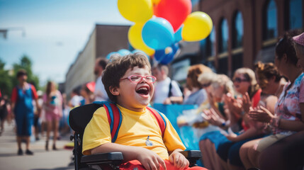 Lively parade with a person with Down Syndrome joyfully participating.