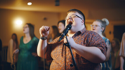 Music and laughter: person with Down syndrome takes the stage.