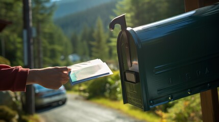 A hand extends into an open mailbox. - obrazy, fototapety, plakaty