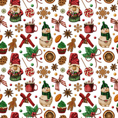 Christmas watercolor seamless pattern in cartoon style. Lollipops, candy, Santa, snowman, holly, cupcakes, festive background. Texture for fabrics, wrapping paper, wallpapers, website backgrounds