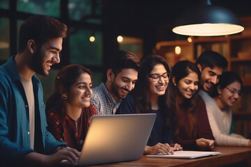 Group of young Indian students studying on laptop - obrazy, fototapety, plakaty