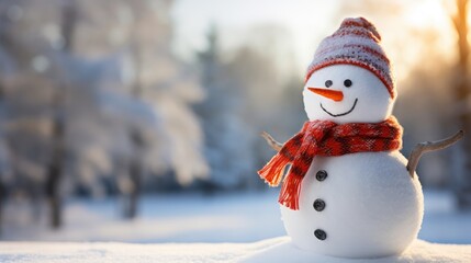 A cheerful snowman adorned with a scarf and hat stands in a snowy expanse.