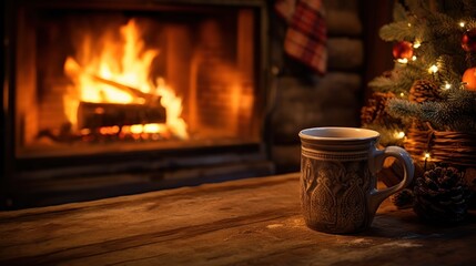 A mug filled with warmth rests on the side, its rising steam contributing to a snug setting, offering plenty of space for holiday greetings.