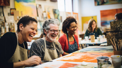 Artistic expression: inclusive painting class connection. - obrazy, fototapety, plakaty