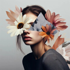 Abstract contemporary art collage portrait of young woman with flowers. Generative AI.