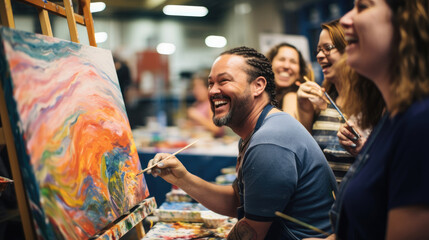 Naklejka premium Inclusive painting class: artistic expression and connection.