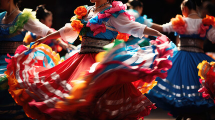 Peruvian Dancers in Vibrant Marinera Costumes Captivate with Dynamic Moves.