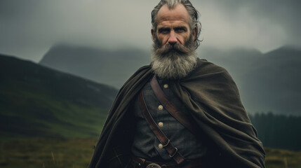 Determined Scottish man in clan kilt on misty moors.