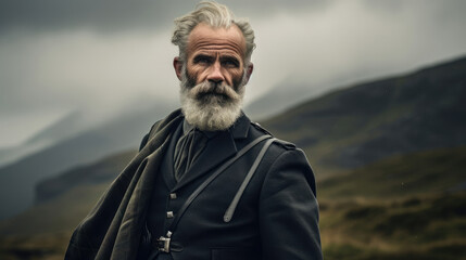 Proud Scottish man in clan kilt standing on misty moors. - obrazy, fototapety, plakaty