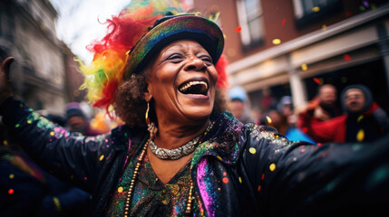 Jubilant Mardi Gras Celebrant Dances in New Orleans Streets - obrazy, fototapety, plakaty