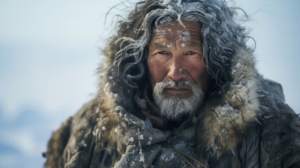 Proud Inuit Elder Gazes at Snowy Tundra in Fur-lined Parka