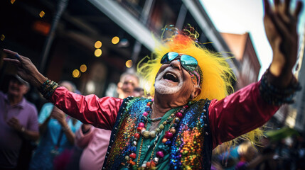 Colorful Mardi Gras Celebrant Dances in New Orleans Streets