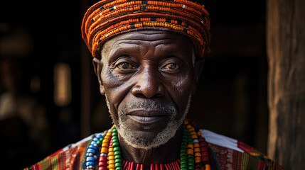 Obraz premium Proud Ghanaian Chief Stands Before Village in Regal Attire