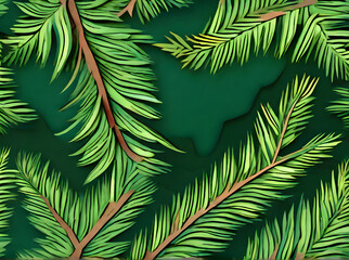 Fir branch painted background papercut style Kodachrome.