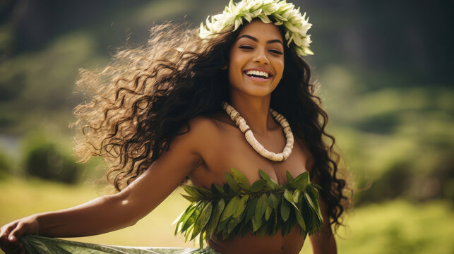Radiant Hawaiian Hula Dancer in Swirling Grass Skirt and Lei