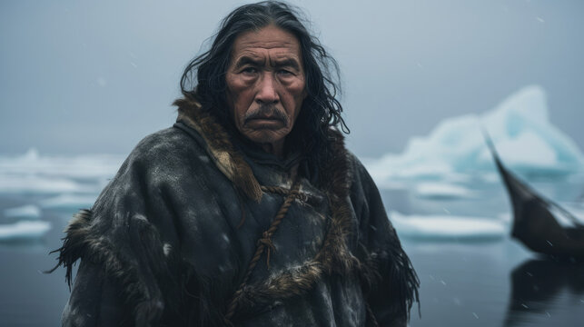 Inupiaq Whaler in Sealskin Garb on Icy Coastline