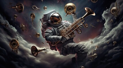  a man in a space suit playing a trumpet in the clouds.  generative ai