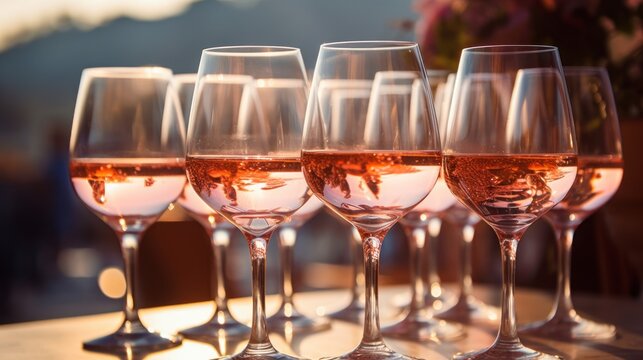 Blush rosé wine glasses catch the light, surrounded by a festive celebration where friends come together to cherish moments.