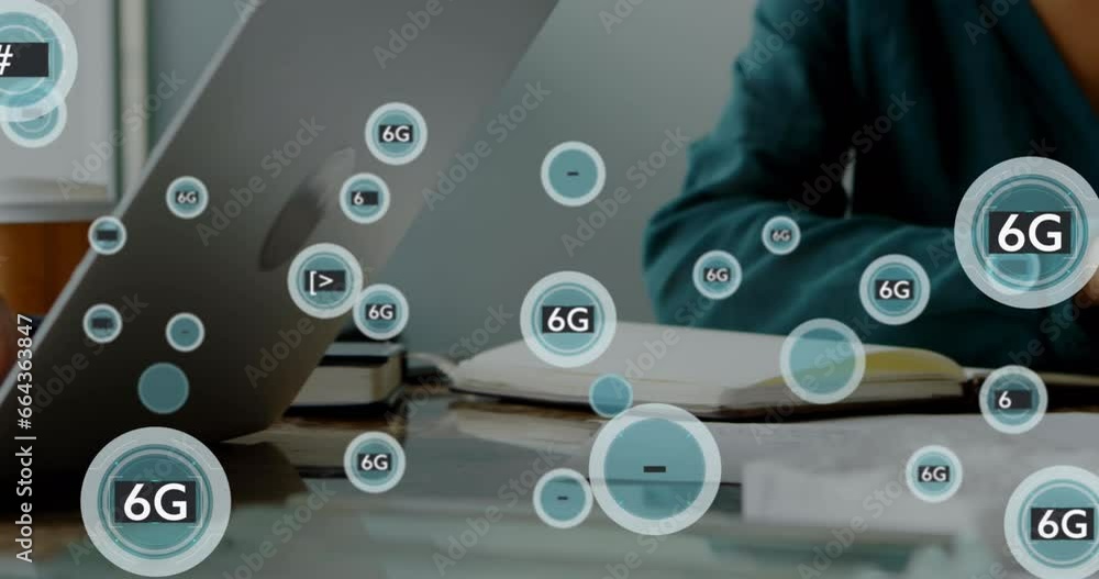 Aufkleber animation of 6g text in circles over midsection of diverse coworkers using laptop and digital tablet