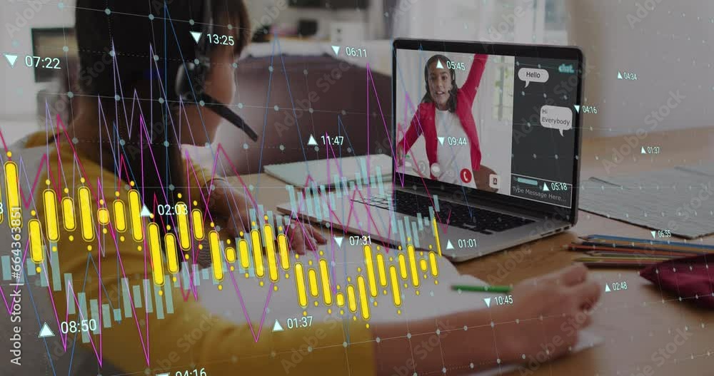 Poster animation of graphs and changing numbers over diverse female students studying on video call