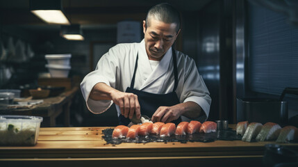 Contemplative Japanese sushi chef crafts delicate rolls with precision and artistry.